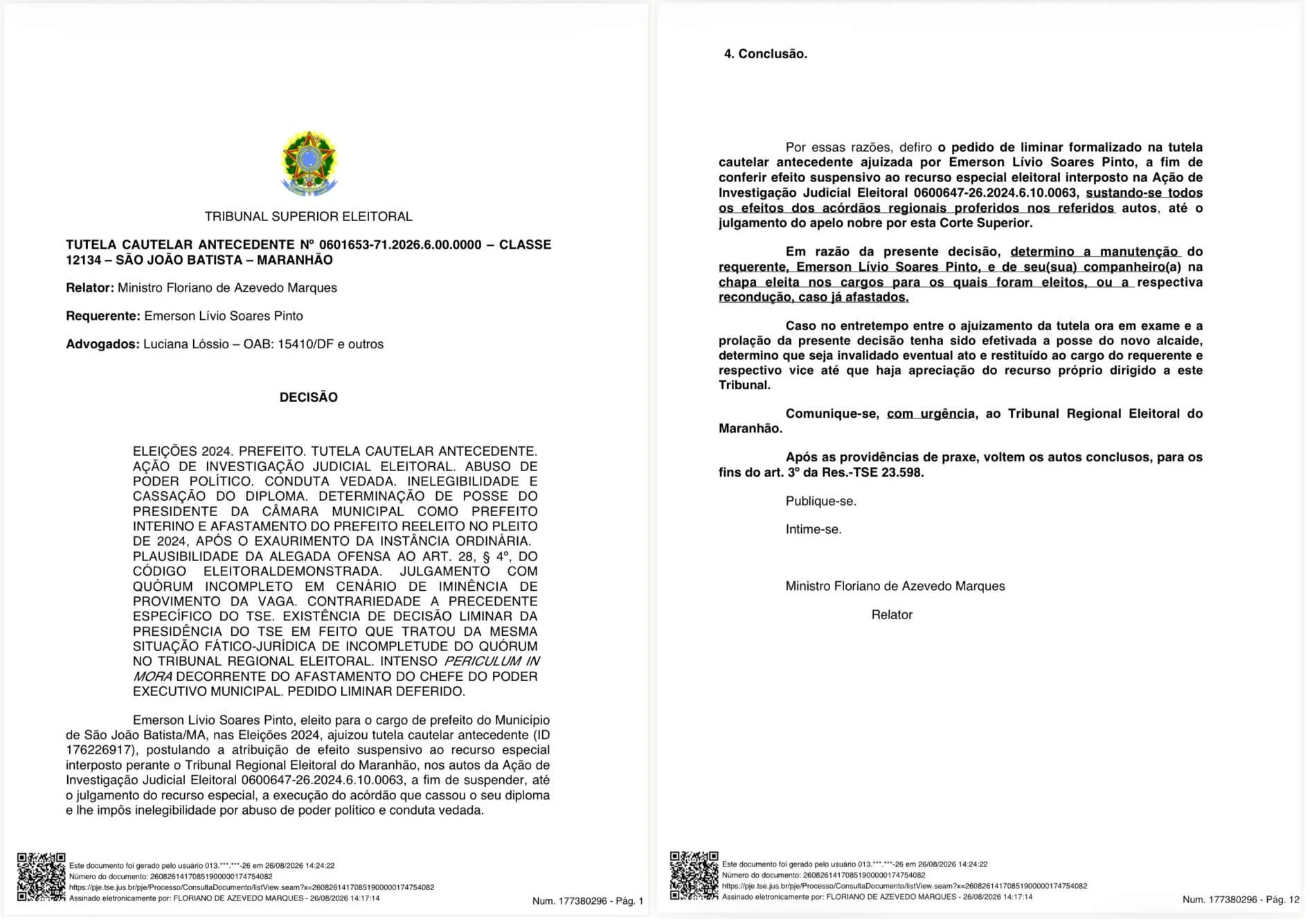 Páginas da decisão do TSE que retorna Mecinho ao cargo de prefeito de São João Batista